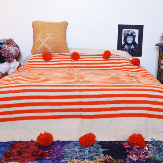 Moroccan blanket Orange Tassels bed spread - berberlifeshop