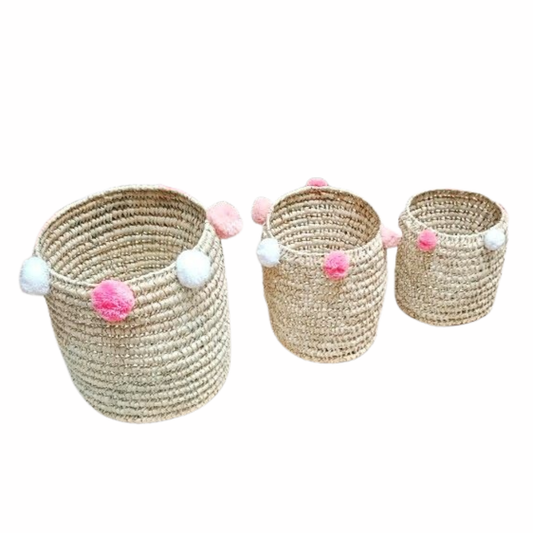 Set of 3 customizable pompom bohemian style storage basket - berberlifeshop