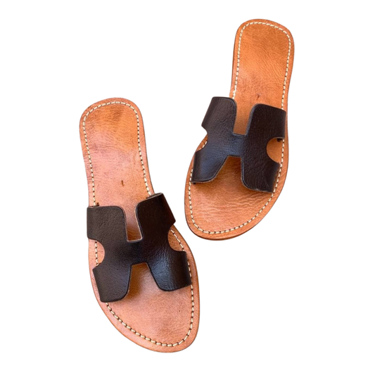 Moroccan leather sandals black-white - berberlifeshop