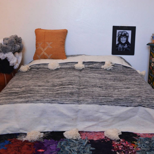 Moroccan blanket Charbone Tassels bed spread - berberlifeshop