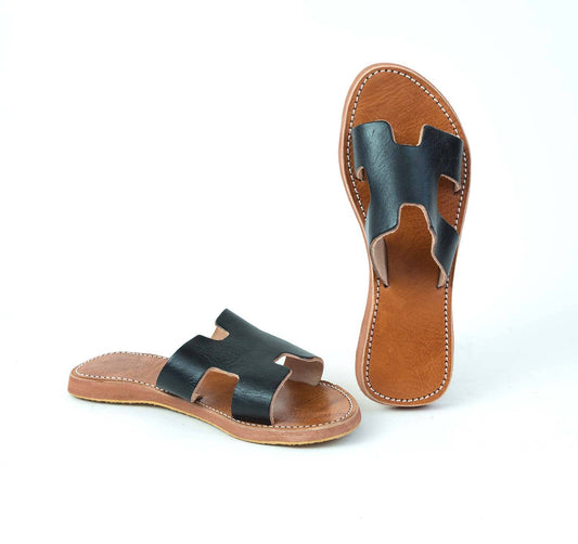 H shaped Black leather Sandal - berberlifeshop
