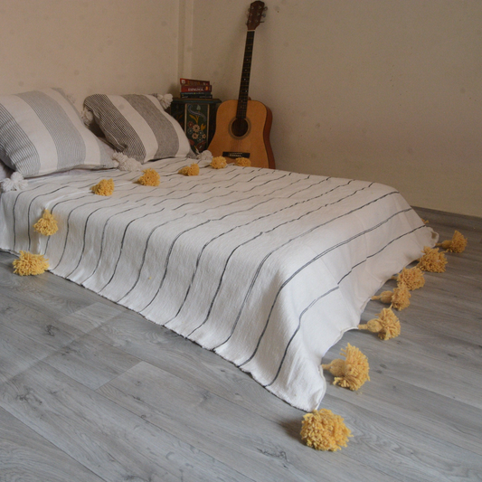 Moroccan blanket White & Yellow Ochre Tassels bed spread - berberlifeshop