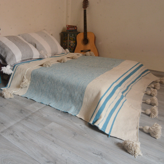 Moroccan blanket powder Blue stripes Tassels bed spread - berberlifeshop
