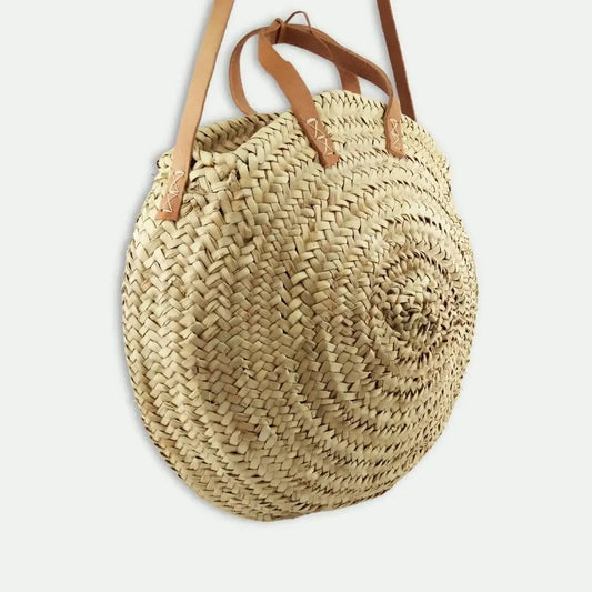 Moroccan Round Straw Bag With Double Leather Handles - berberlifeshop
