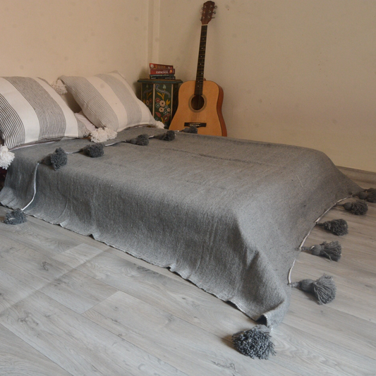 Moroccan blanket Gray Tassels bed spread - berberlifeshop